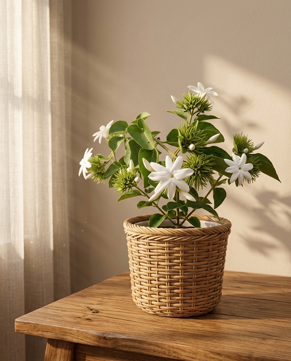 Star jasmine trained on a sunlit trellis beside a bright patio doorway