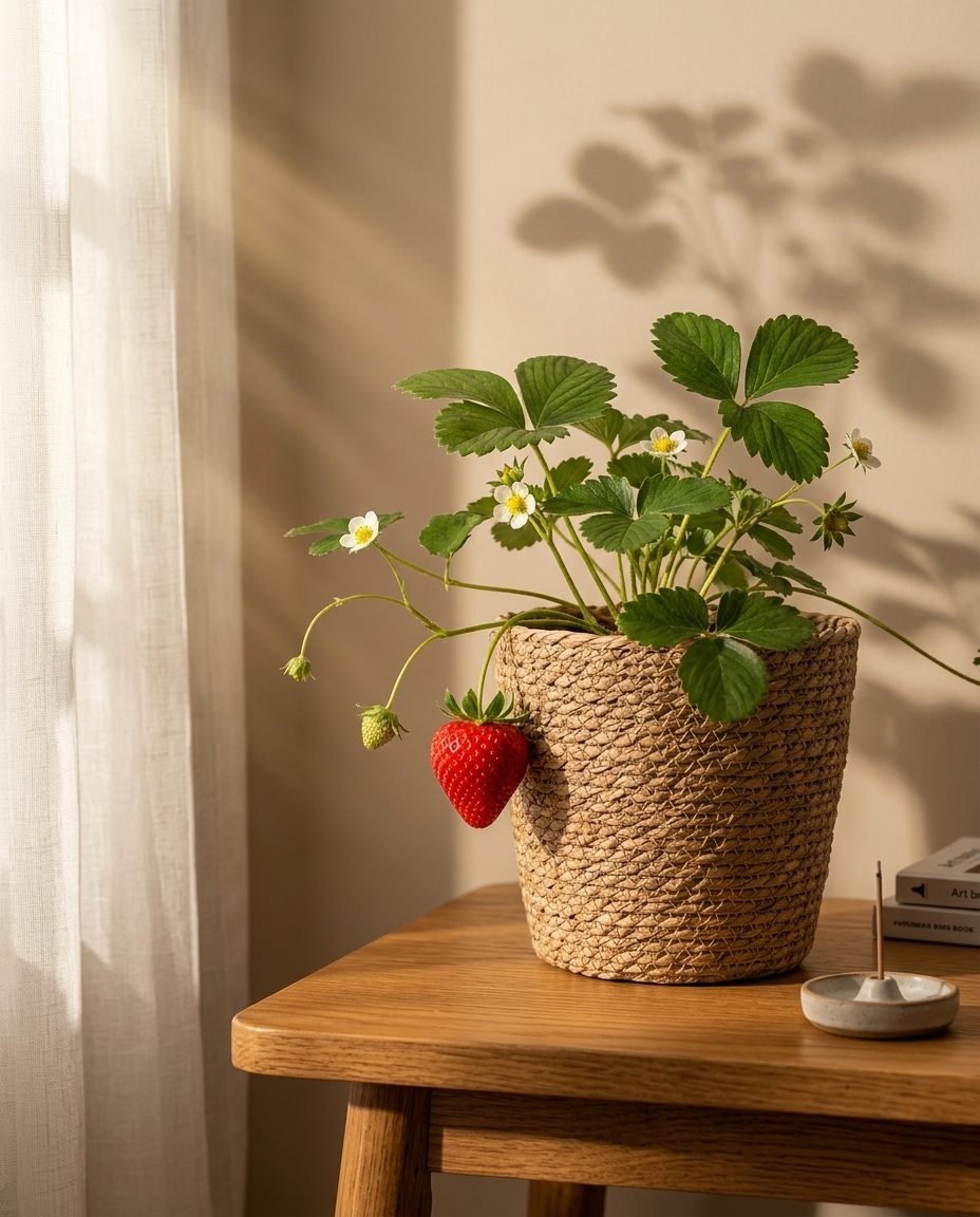 Strawberry plant in a sunlit kitchen, ripe red berries among green leaves