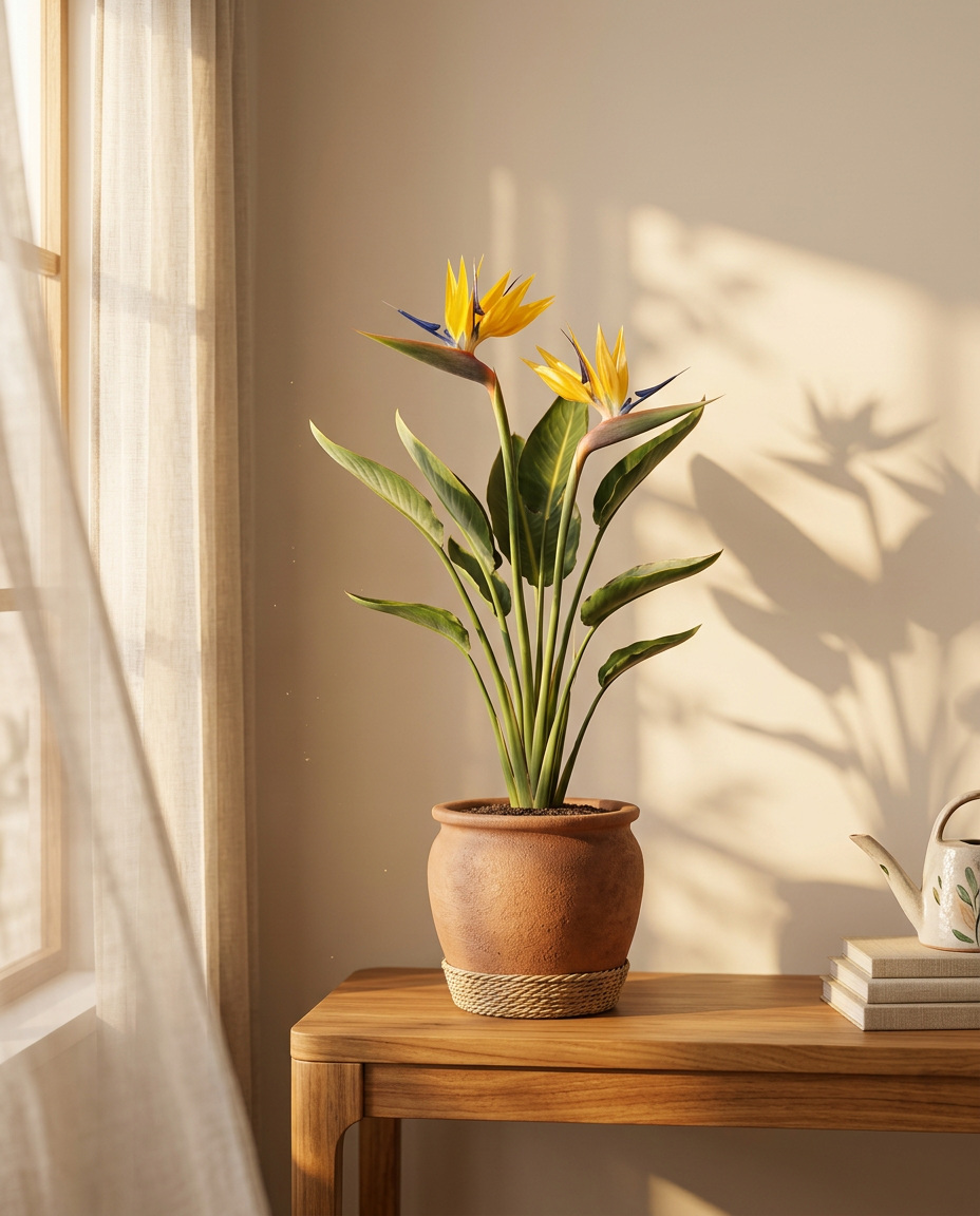 Strelitzia (Bird of Paradise) photographed in a sunlit interior