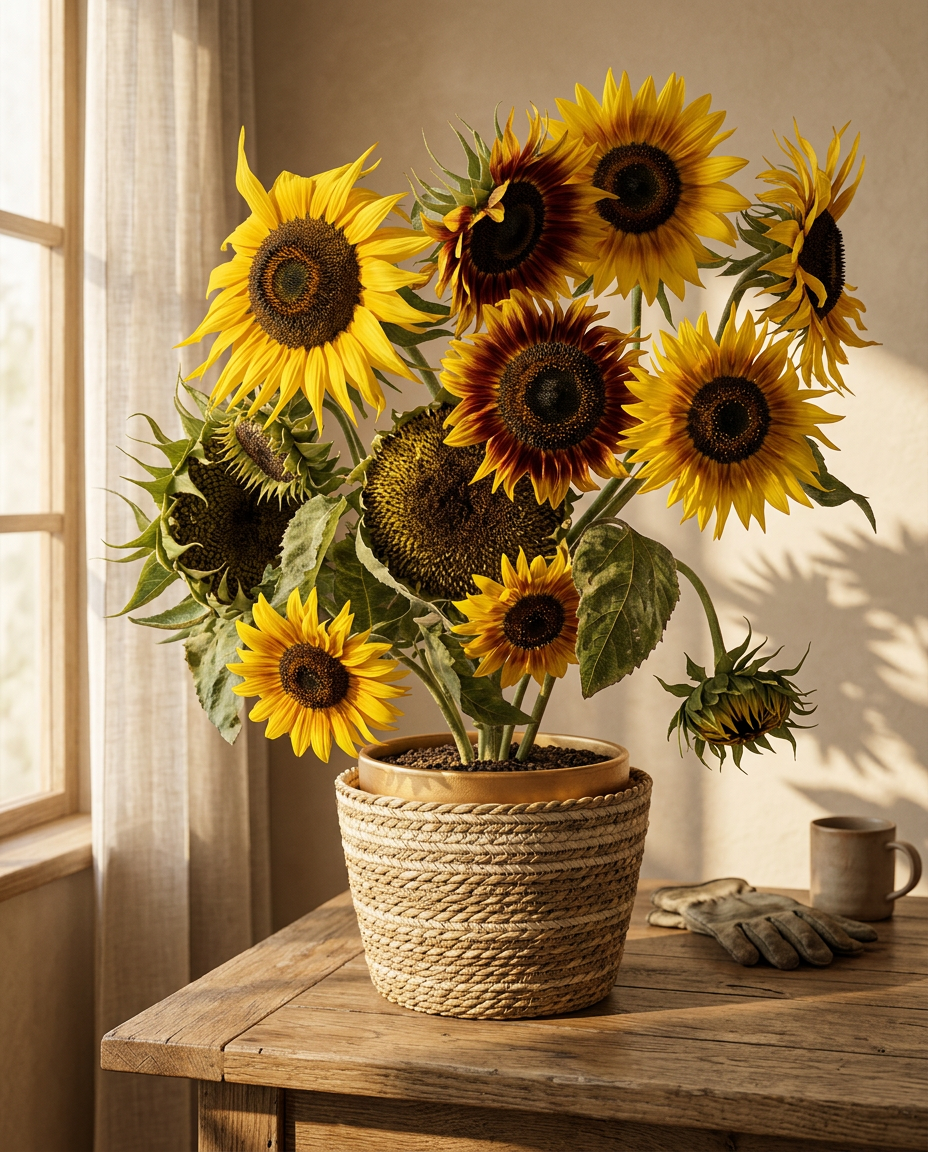 Sunflower stems photographed in a sunlit interior in a tall vase