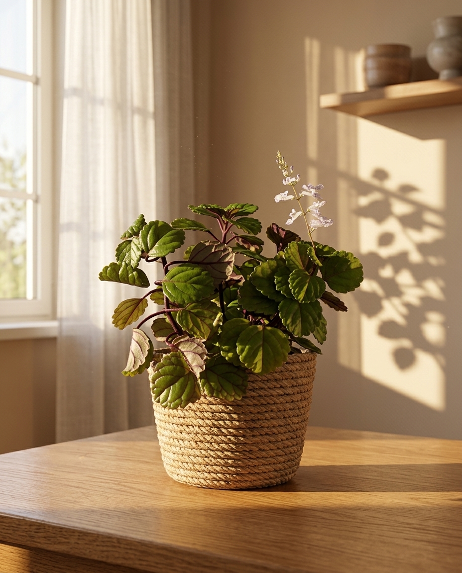 Swedish Ivy in a sunlit Japandi interior — Plectranthus verticillatus potted on a warm wooden table
