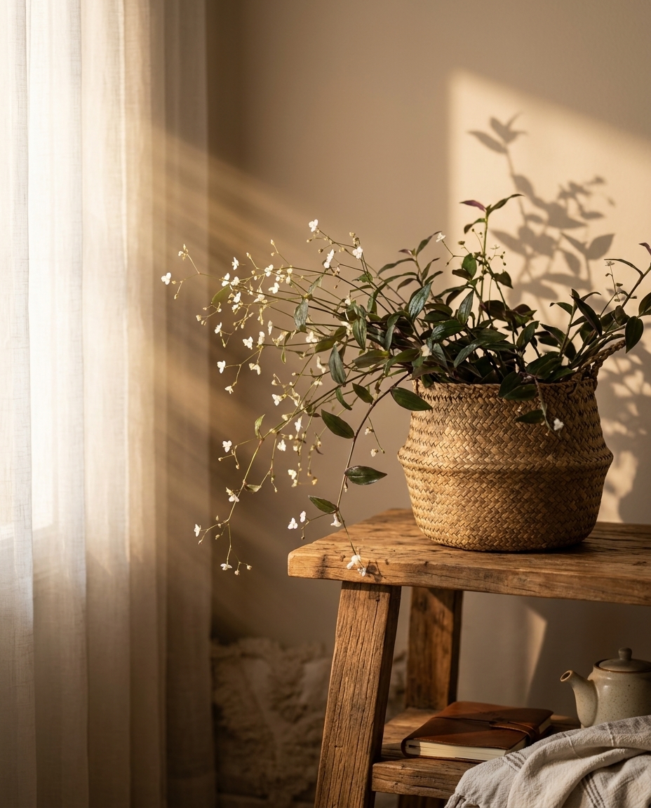 Tahitian bridal veil trailing from a hanging basket in a bright room