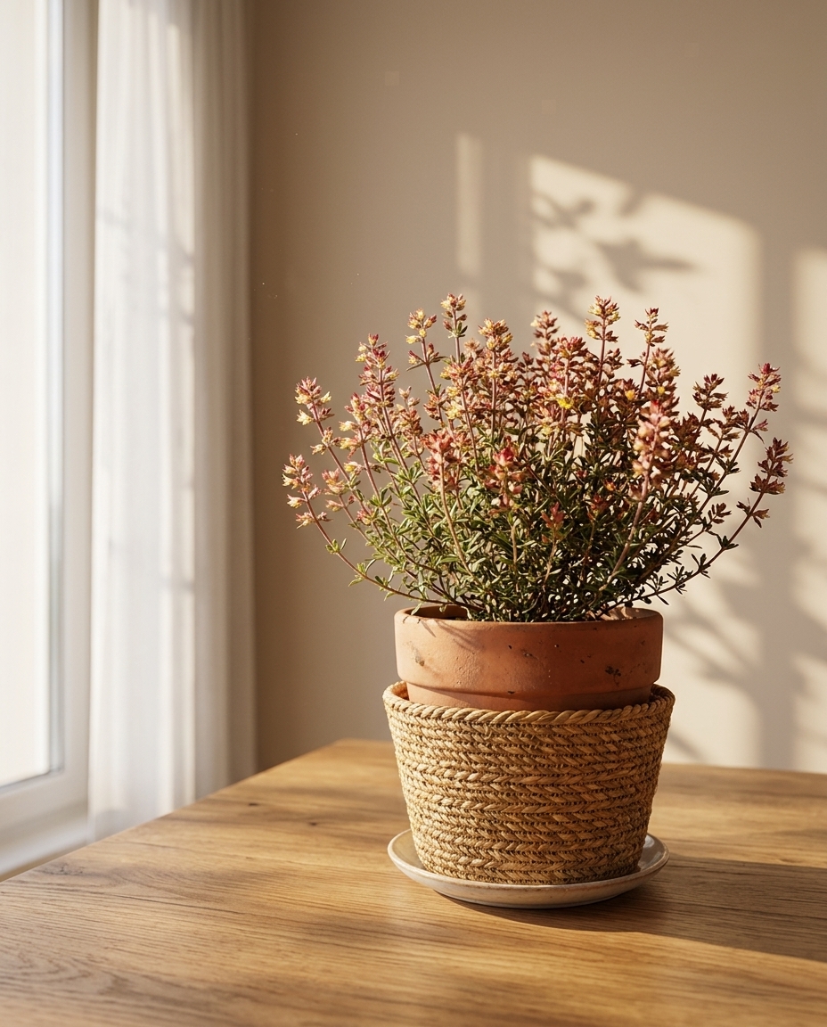 Thyme photographed in a sunlit interior