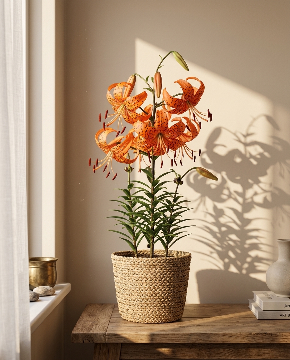 Tiger lily photographed in a sunlit interior — Lilium tigrinum in a vase on a wooden table