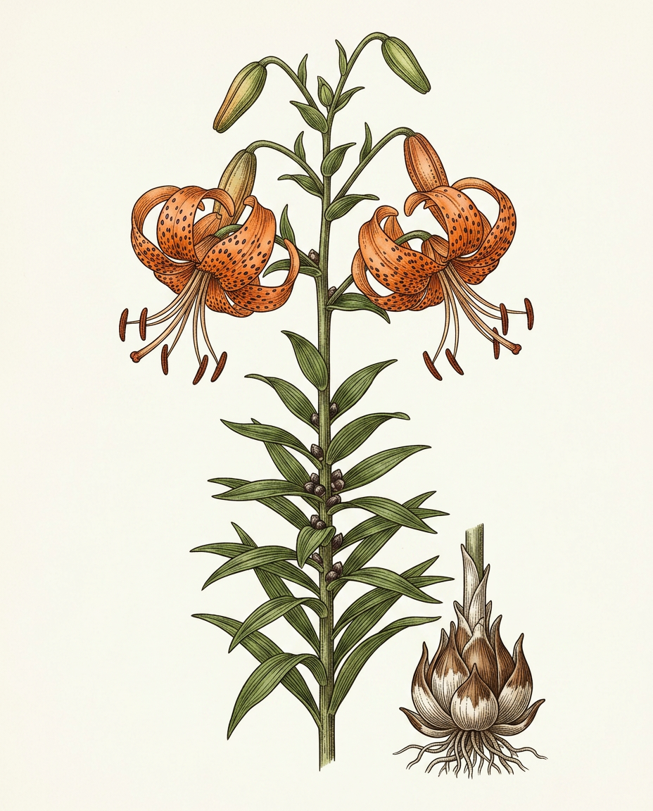 Botanical plate — Tiger lily, orange recurved petals with dark spots and prominent anthers