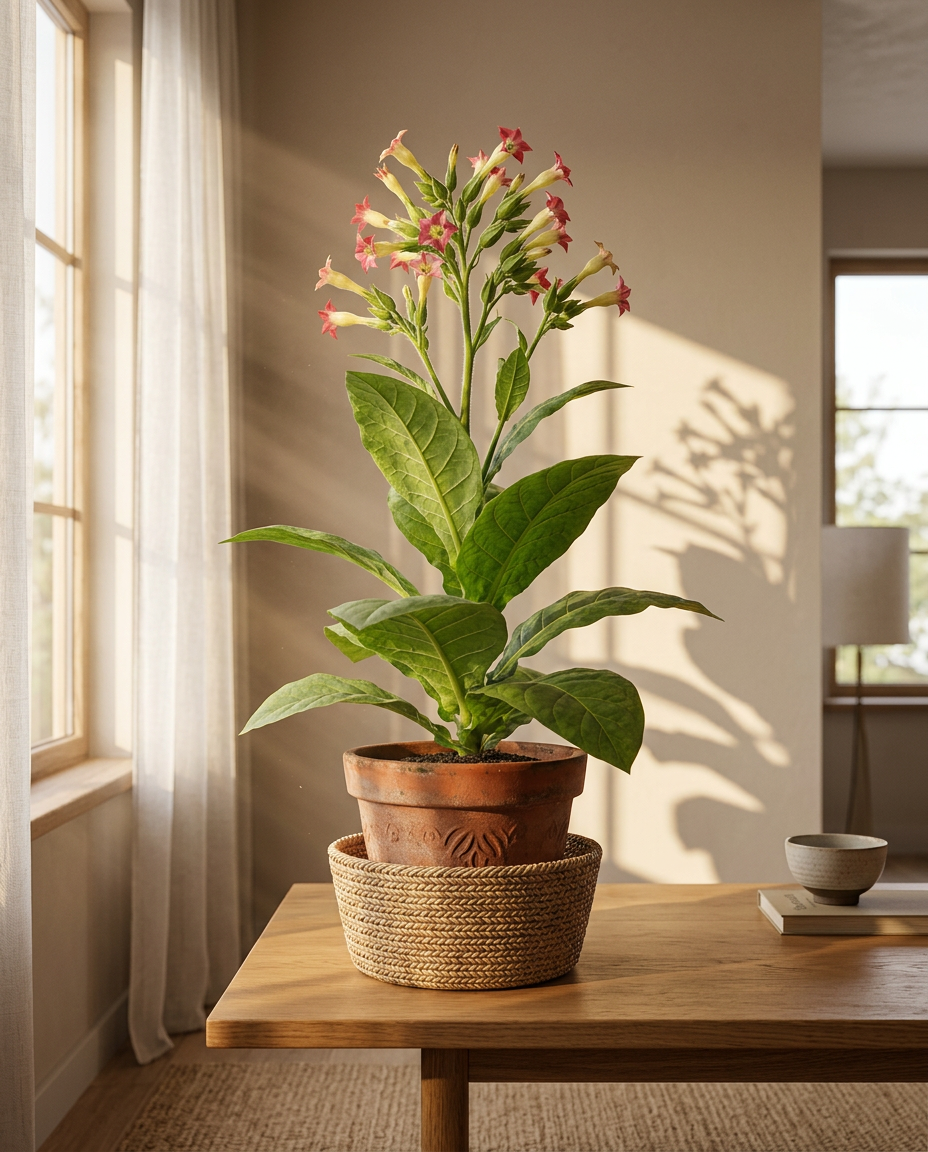 Tobacco plant photographed in a sunlit garden bed beside a wooden fence