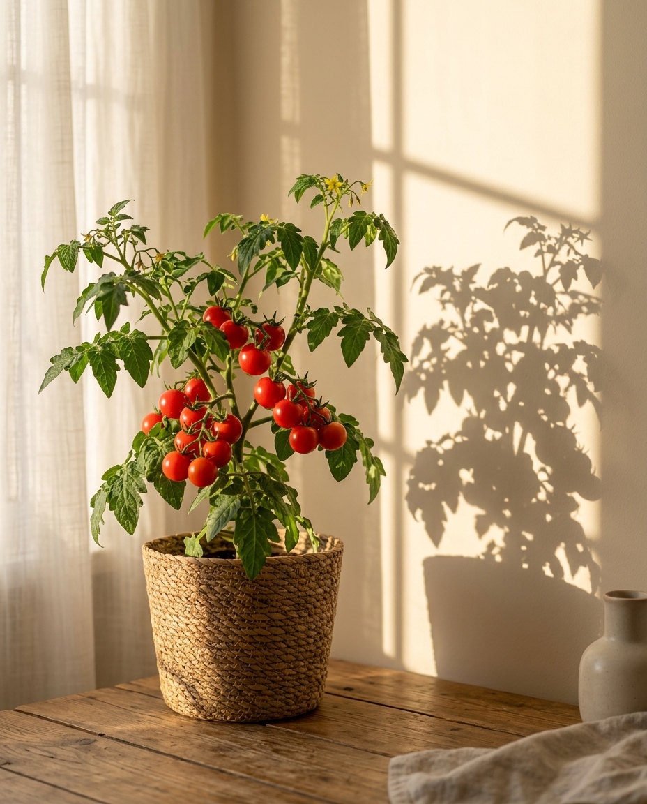 Tomato plant photographed in a sunlit interior beside a kitchen window