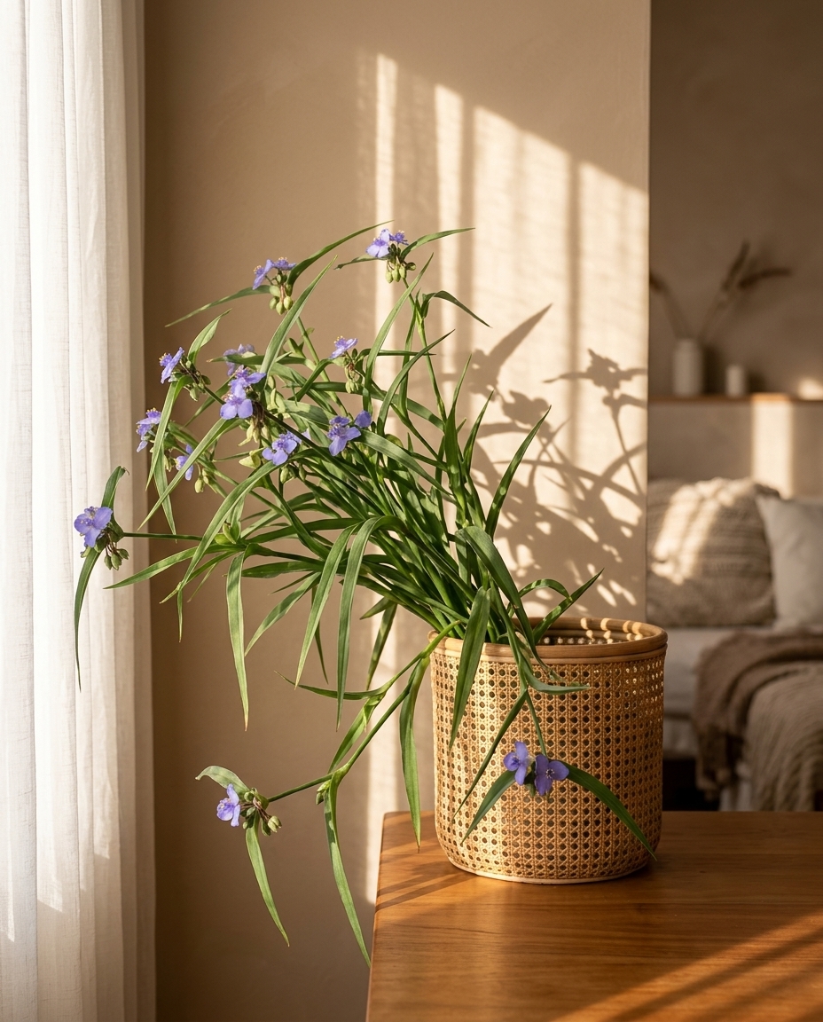 Tradescantia in a sunlit Japandi interior — Tradescantia fluminensis potted on a warm wooden table