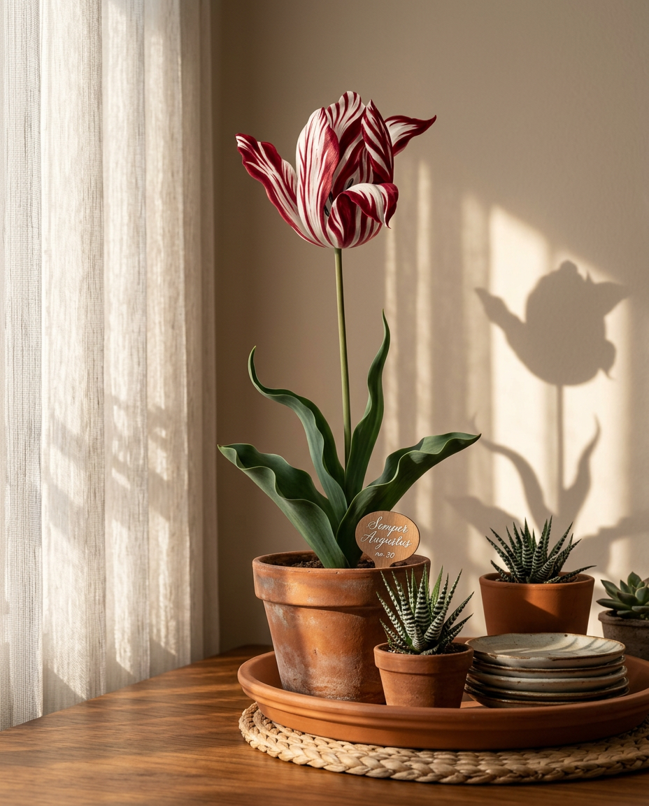 Tulip in a sunlit Japandi interior — Tulipa spp. arranged on a warm wooden table