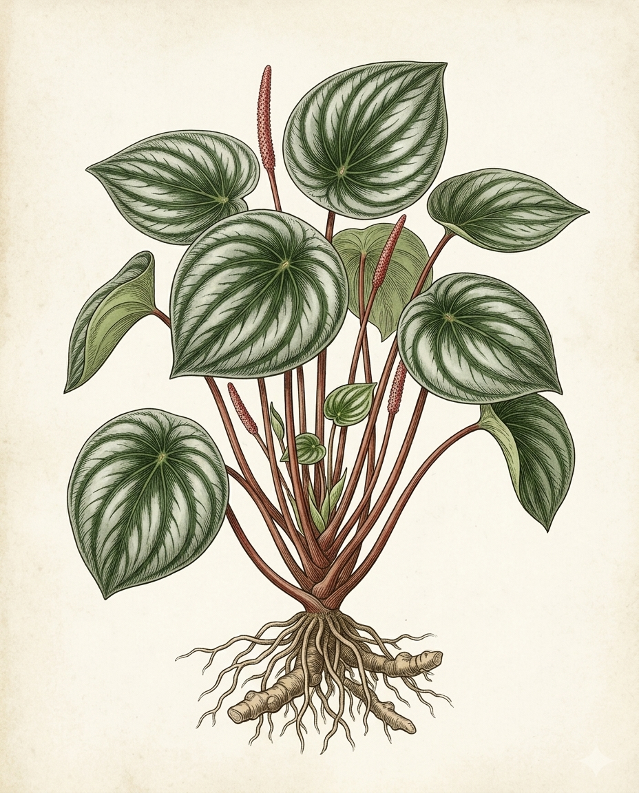 Botanical plate — Watermelon peperomia with gray-green leaves striped with dark green, resembling watermelon skin