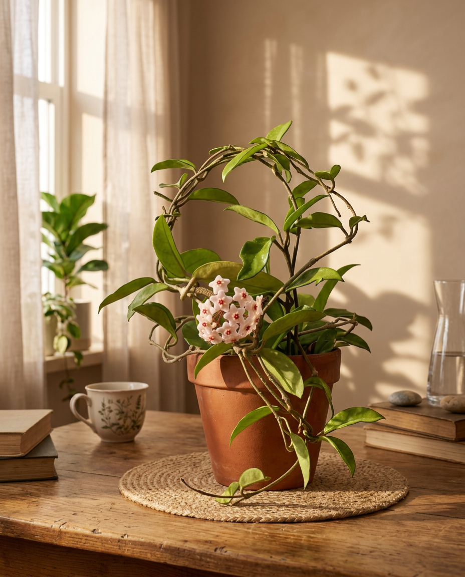 Wax Plant in a sunlit Japandi interior — Hoya carnosa potted on a warm wooden table