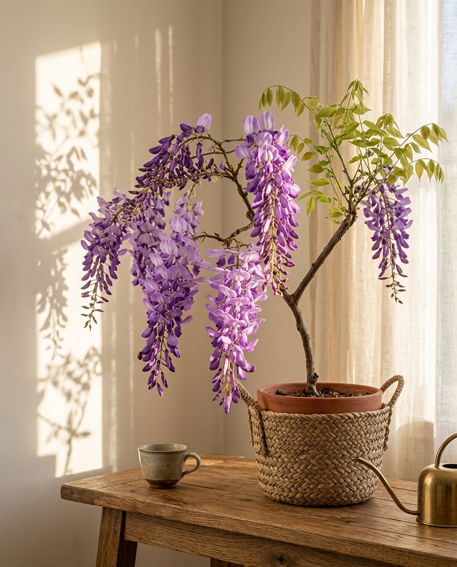 Wisteria photographed in a sunlit interior on a pergola