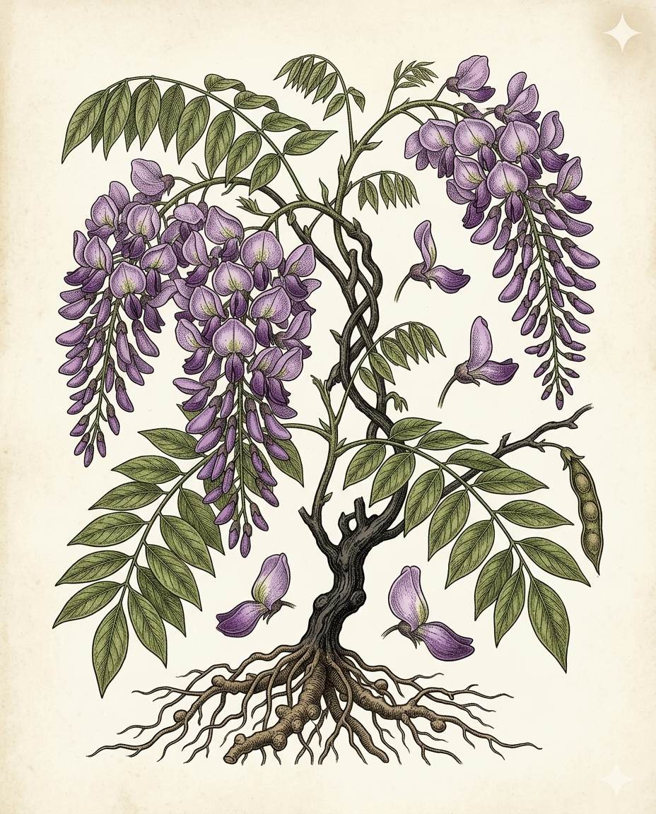 Botanical plate — Wisteria, cascading raceme of purple pea-shaped flowers on a twining woody vine with pinnate leaves