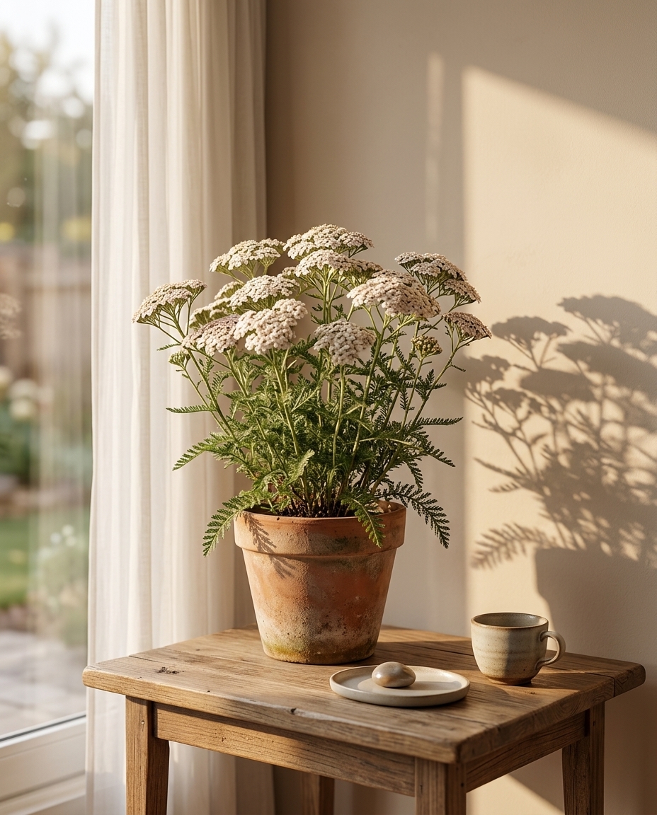 Yarrow photographed flowering in a sunlit meadow with grasses behind