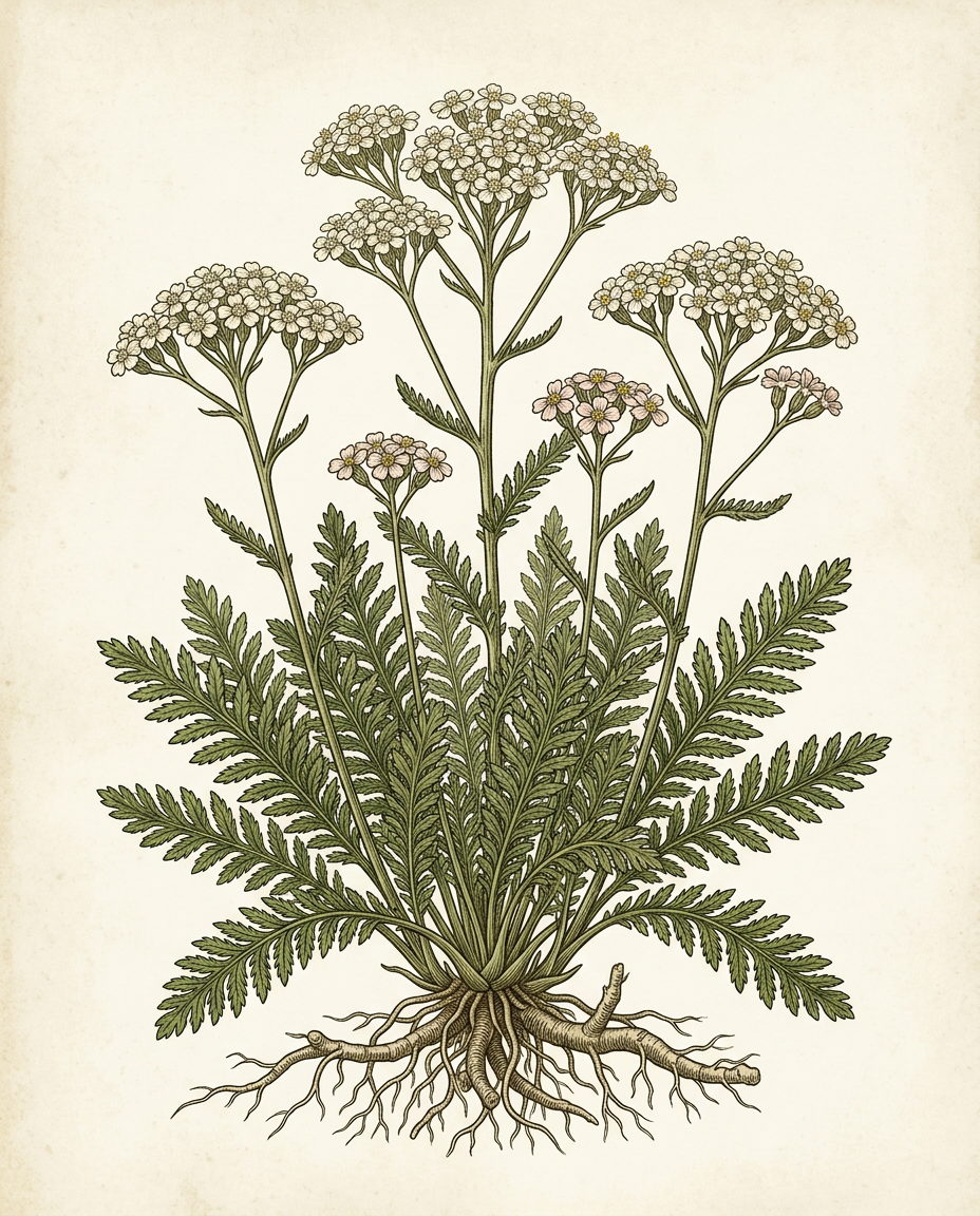 Botanical plate — Yarrow with finely divided feathery leaves and a flat-topped corymb of small creamy-white flowers
