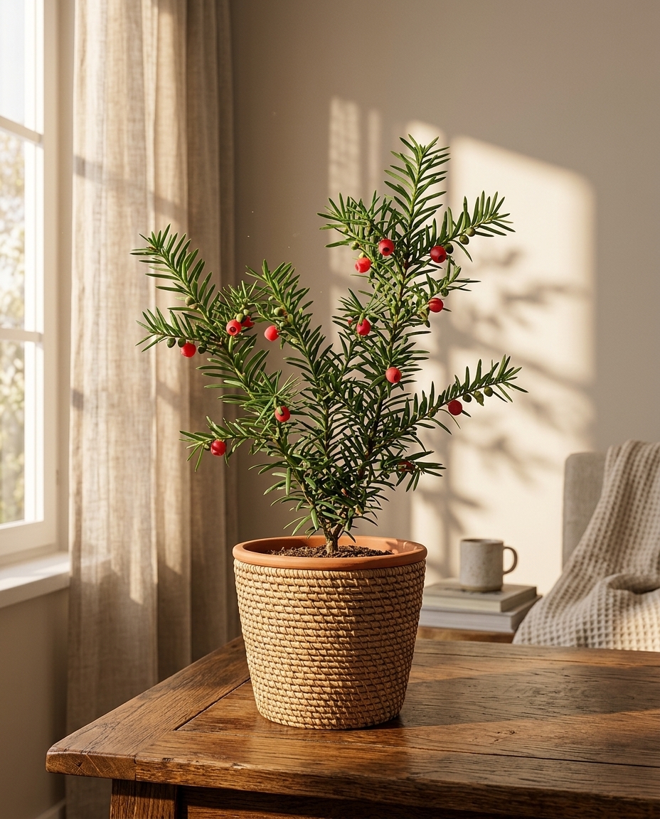 Yew branch photographed in a sunlit interior beside a stone hearth