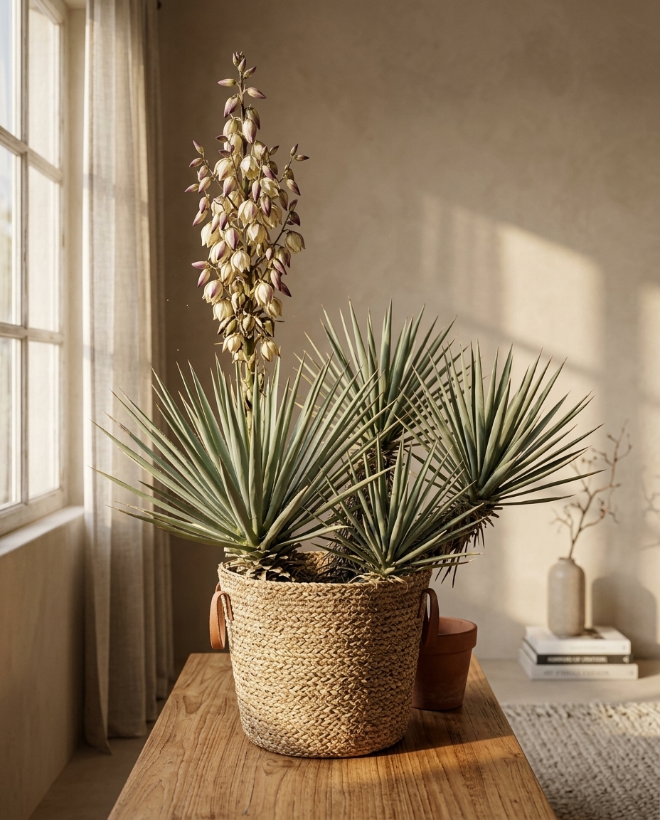 Yucca cane photographed in a sunlit modern living room corner