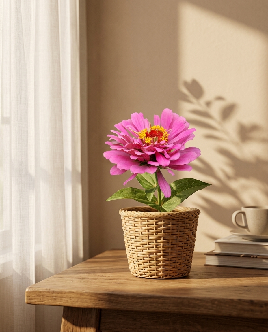 Zinnia stems photographed in a sunlit interior in a ceramic vase