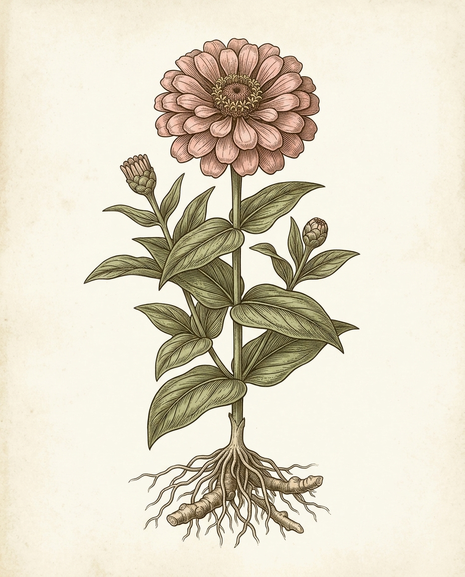 Botanical plate — Zinnia, daisy-form composite head on an upright stem with paired lance leaves