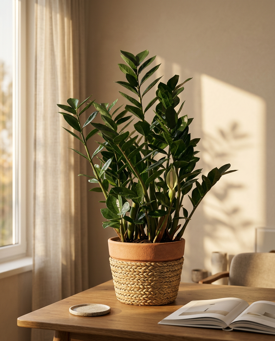 ZZ Plant photographed in a sunlit interior on a wooden side table